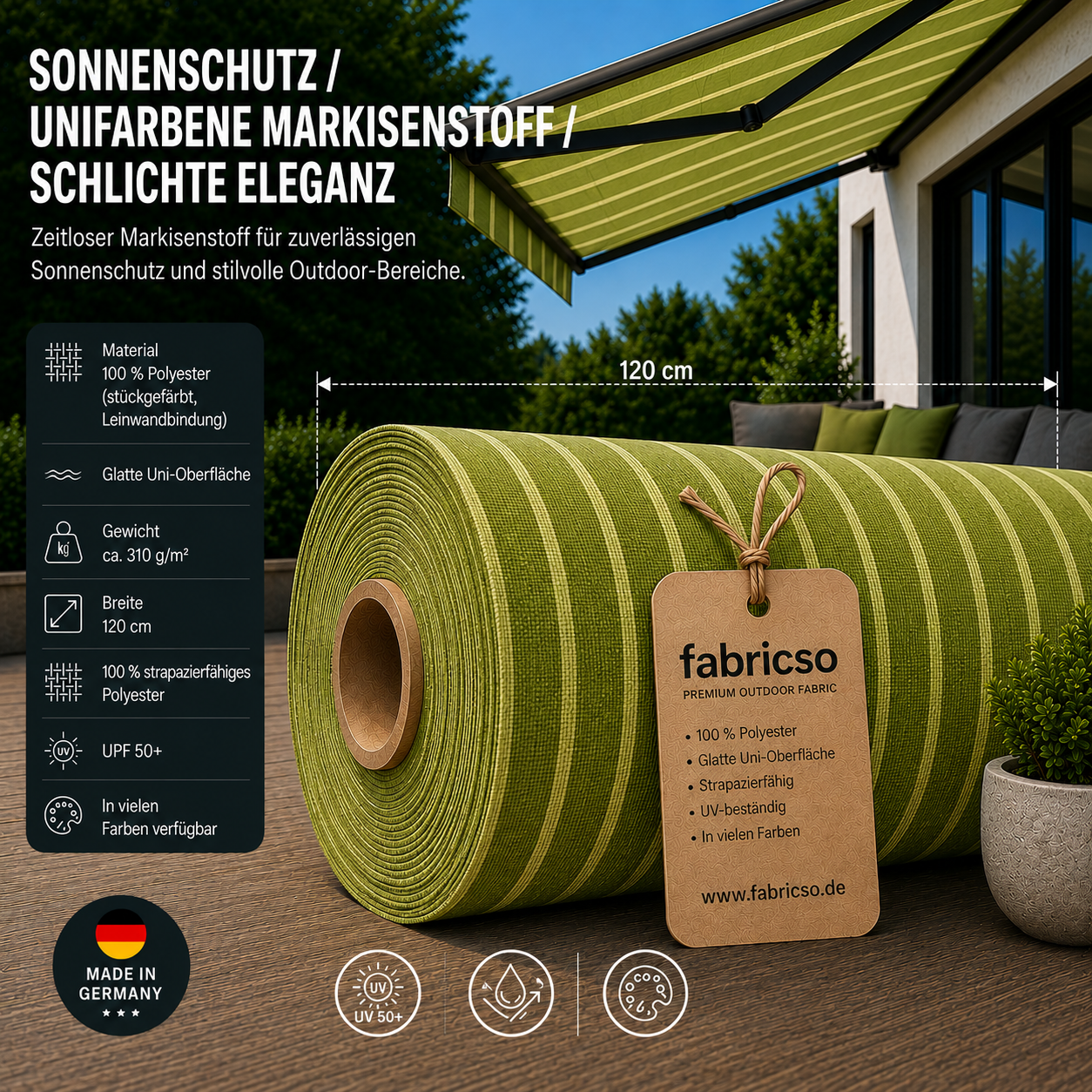 Fabricso Solara 120 – Premium Markisenstoff | UPF 50+ & Große Design-Auswahl fabricso