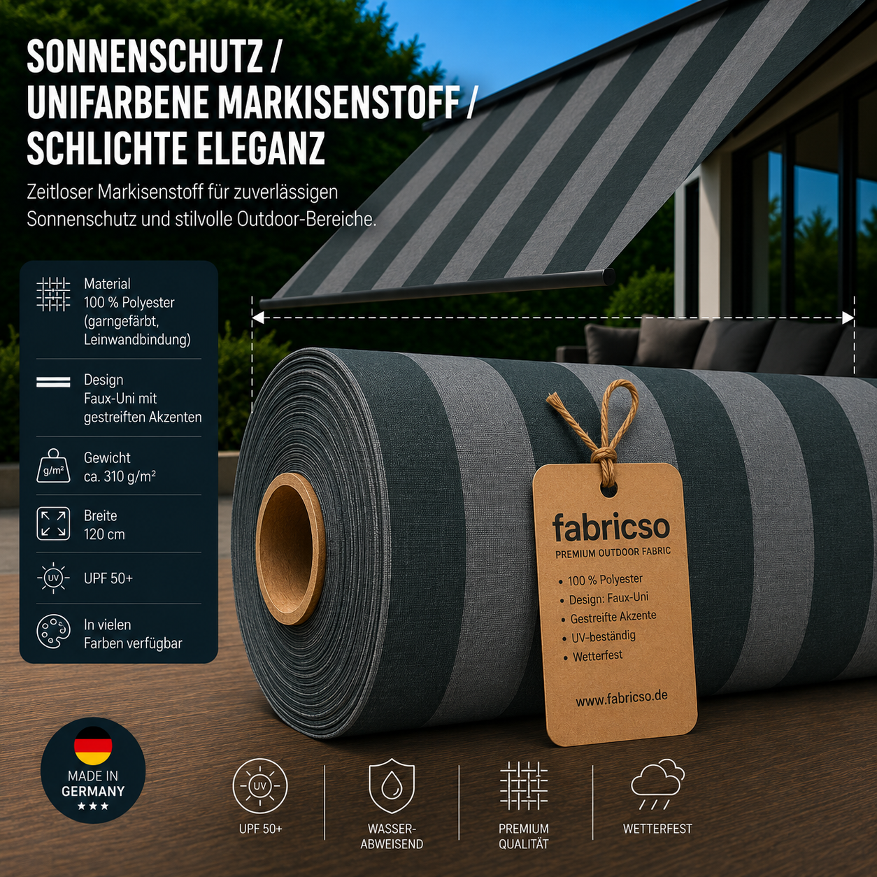 Swela 314 Elegance – Premium Markisenstoff | UPF 50+ & Große Design-Auswahl fabricso