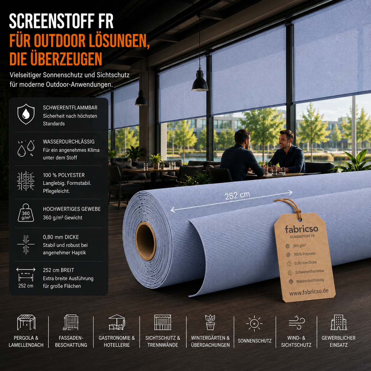 Screenstoff FR – Schwerentflammbares Gewebe für vertikale Beschattung & Outdoor-Anwendungen fabricso