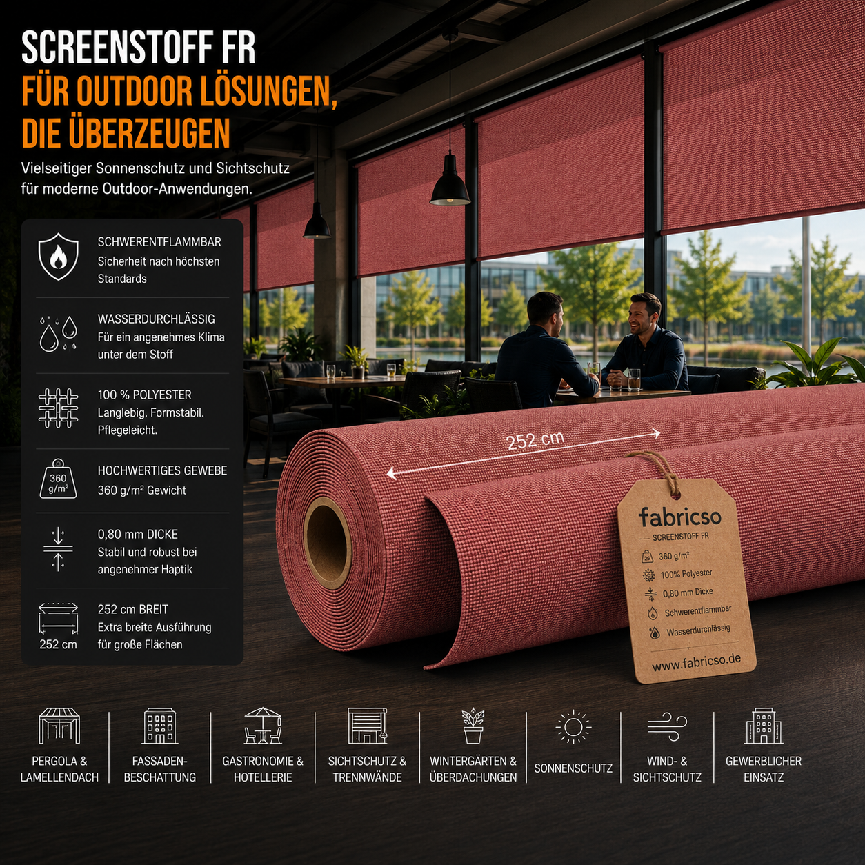 Screenstoff FR – Schwerentflammbares Gewebe für vertikale Beschattung & Outdoor-Anwendungen fabricso