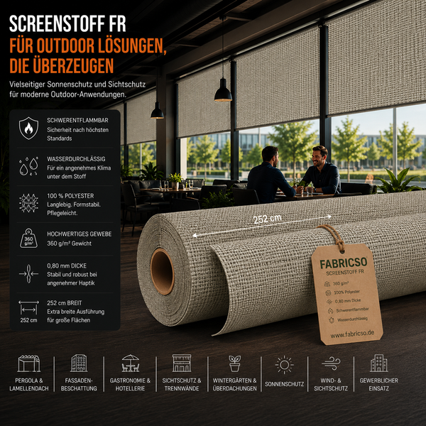 Screenstoff FR – Schwerentflammbares Gewebe für vertikale Beschattung & Outdoor-Anwendungen fabricso