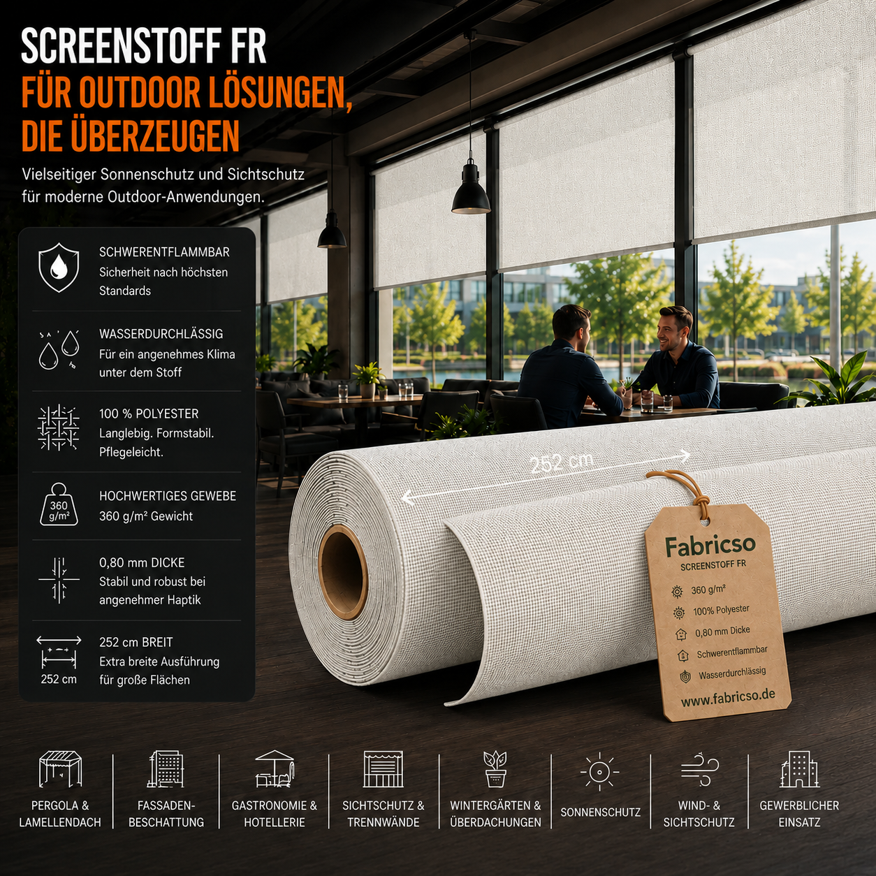 Screenstoff FR – Schwerentflammbares Gewebe für vertikale Beschattung & Outdoor-Anwendungen fabricso