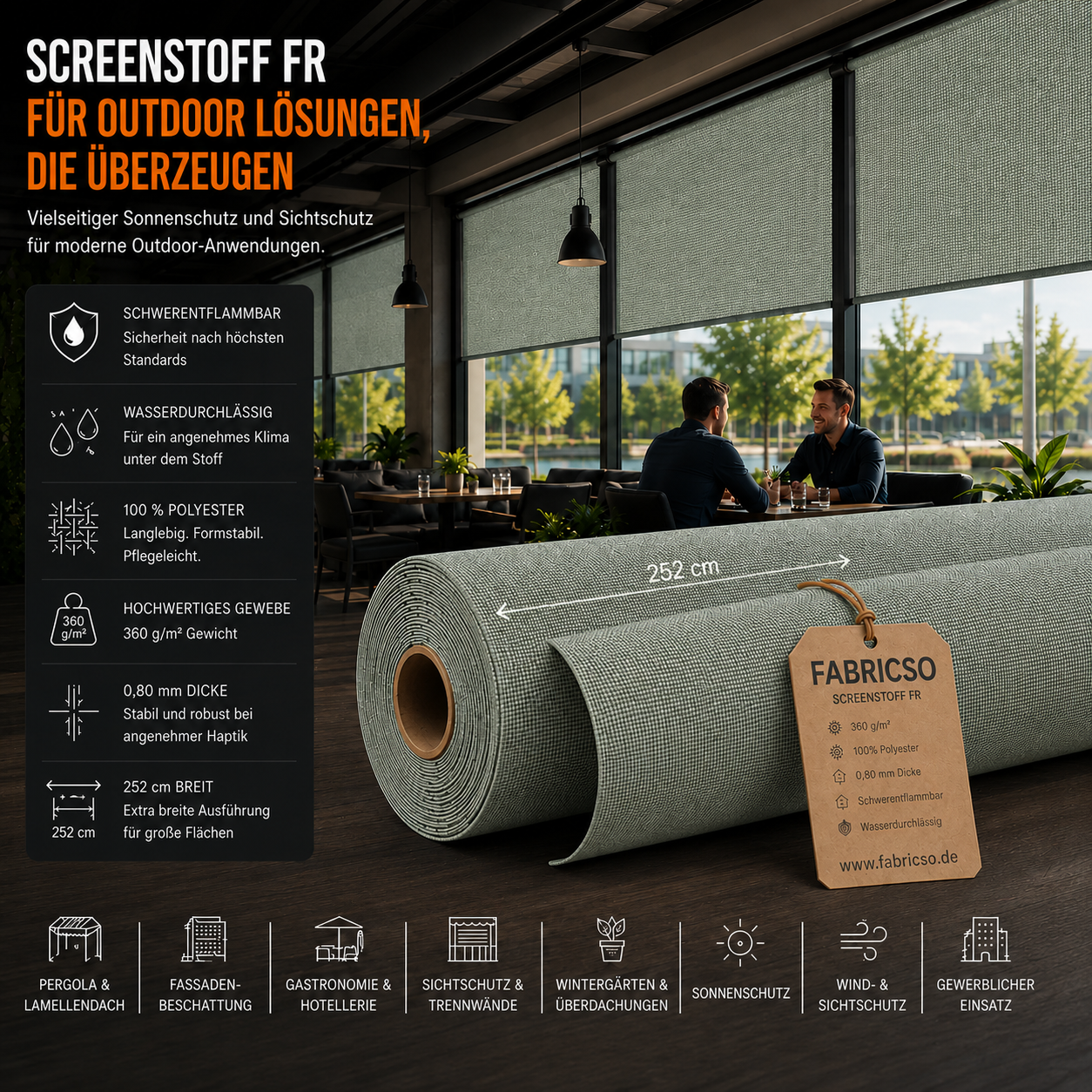 Screenstoff FR – Schwerentflammbares Gewebe für vertikale Beschattung & Outdoor-Anwendungen fabricso