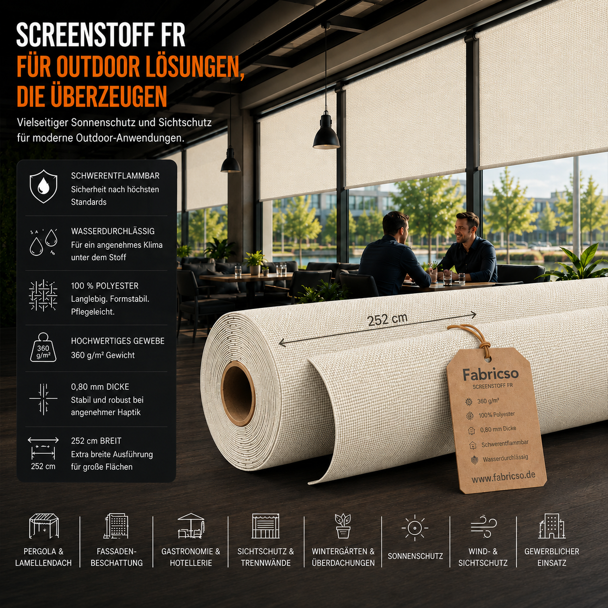 Screenstoff FR – Schwerentflammbares Gewebe für vertikale Beschattung & Outdoor-Anwendungen fabricso