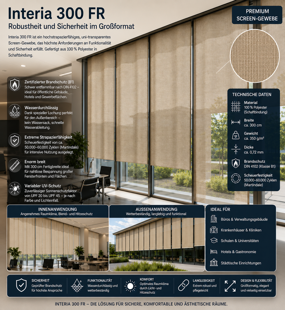 Fabricso Interia 300 FR – B1 Screen-Gewebe | Wasserdurchlässig & 300cm Breit fabricso