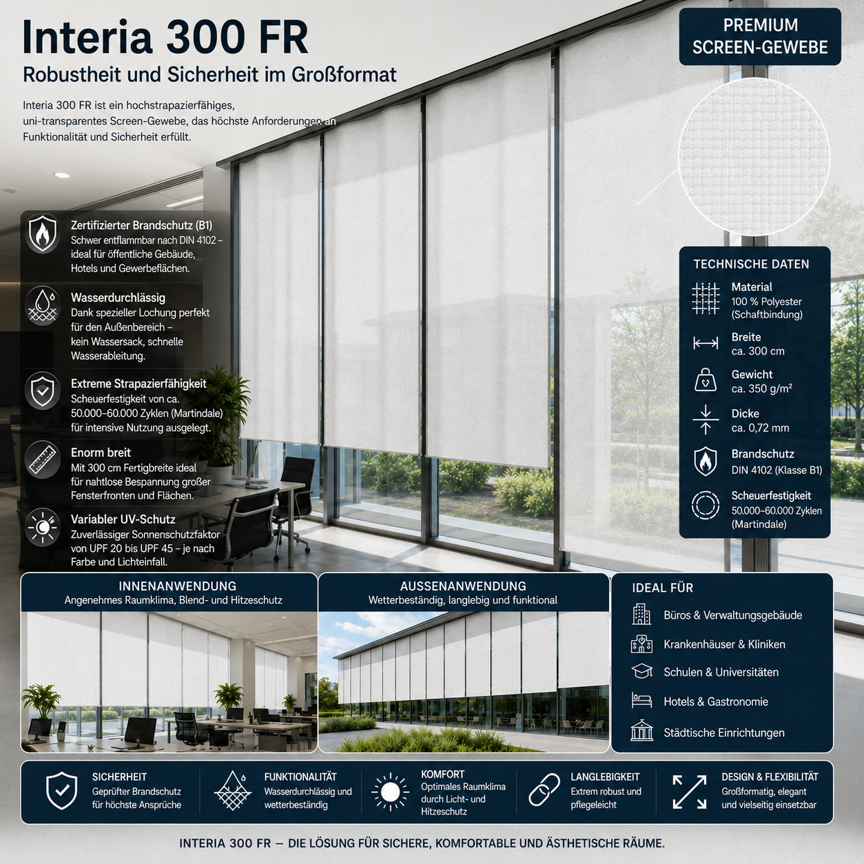 Fabricso Interia 300 FR – B1 Screen-Gewebe | Wasserdurchlässig & 300cm Breit fabricso