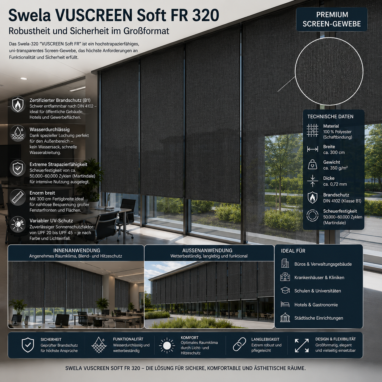 Swela 320 VUSCREEN Soft FR – B1 Screen-Gewebe | Wasserdurchlässig & 300cm Breit fabricso