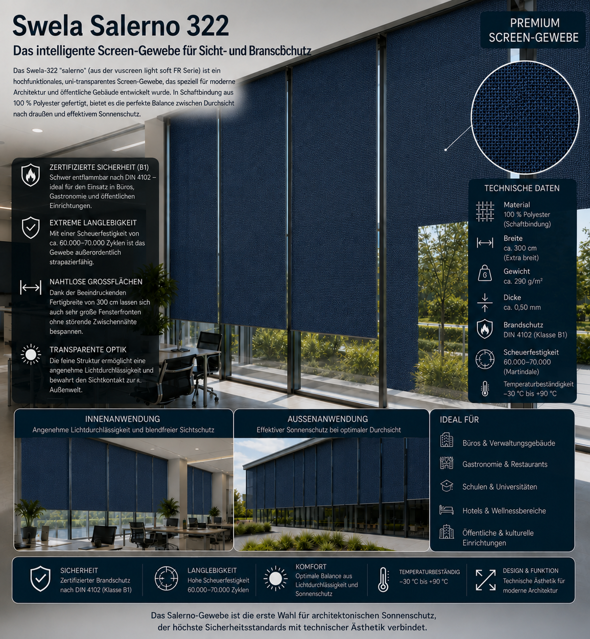 Swela 322 Salerno (vuscreen light soft FR) – B1 Screen-Gewebe | 300cm Breite fabricso