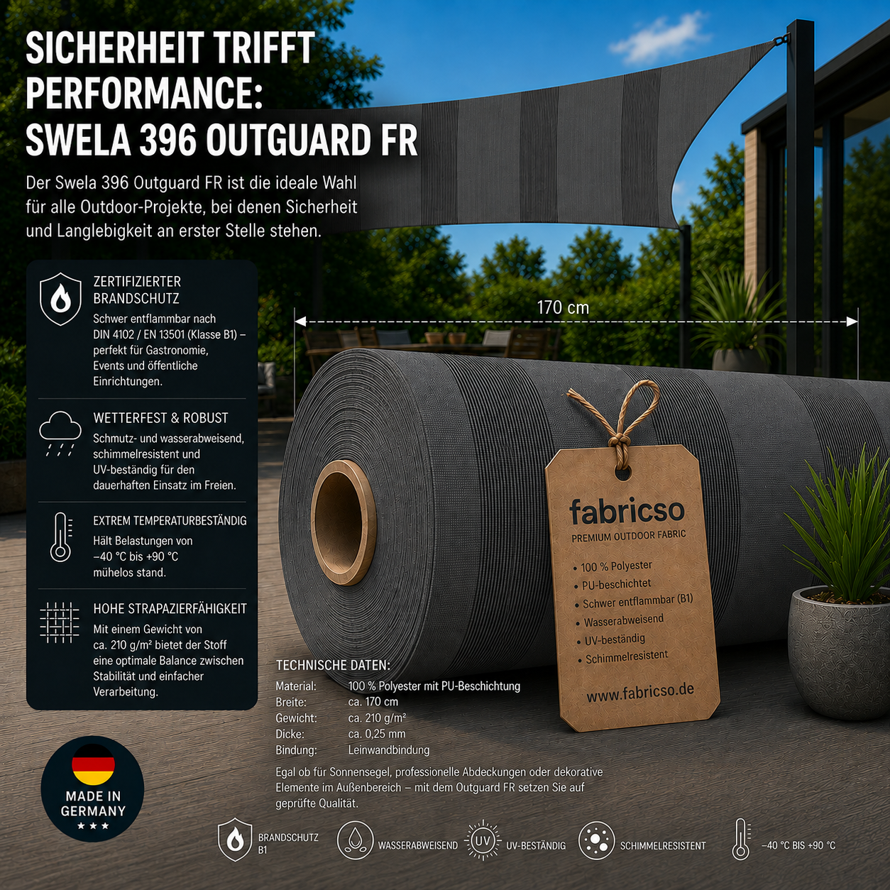 Fabricso Solara 120 – Gestreifter Markisenstoff | UPF 50+ & Große Rapport-Auswahl fabricso