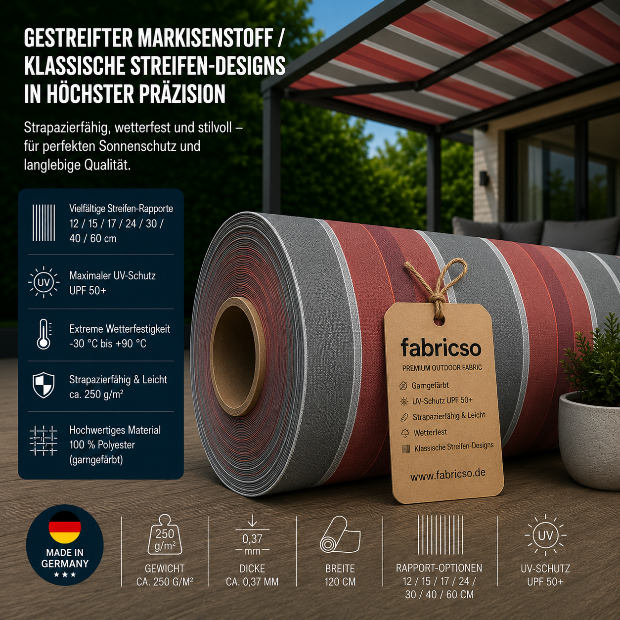 Swela 328 Shine – Gestreifter Markisenstoff | UPF 50+ & Große Rapport-Auswahl fabricso