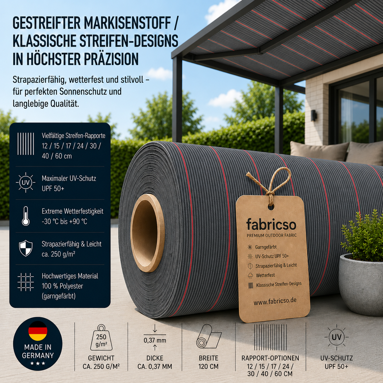 Swela 328 Shine – Gestreifter Markisenstoff | UPF 50+ & Große Rapport-Auswahl fabricso