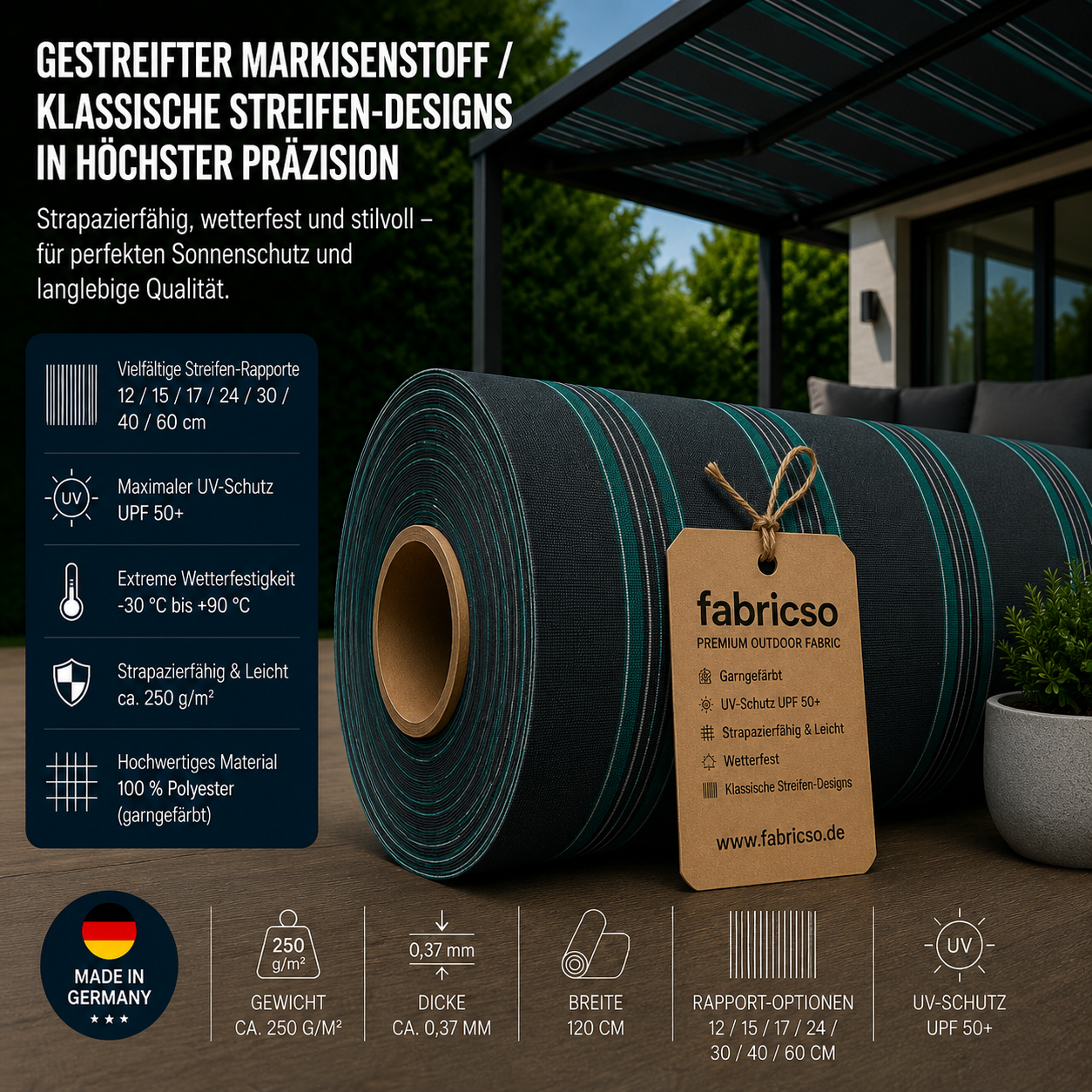 Swela 328 Shine – Gestreifter Markisenstoff | UPF 50+ & Große Rapport-Auswahl fabricso
