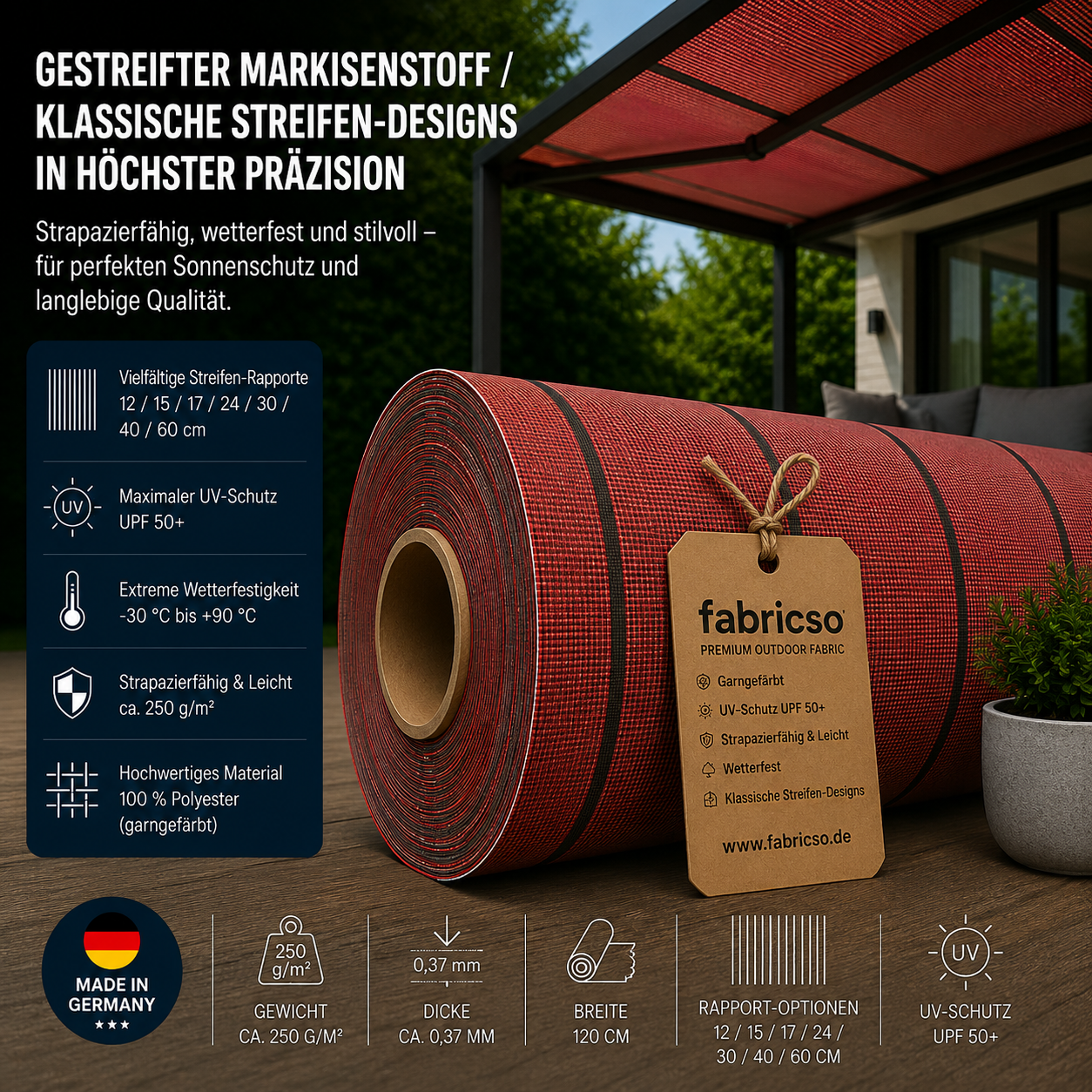 Swela 328 Shine – Gestreifter Markisenstoff | UPF 50+ & Große Rapport-Auswahl fabricso