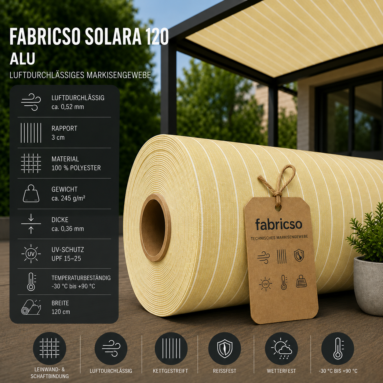 Fabricso Solara 120-Alu – Luftdurchlässiges Markisengewebe | Stabil & Lichtecht fabricso