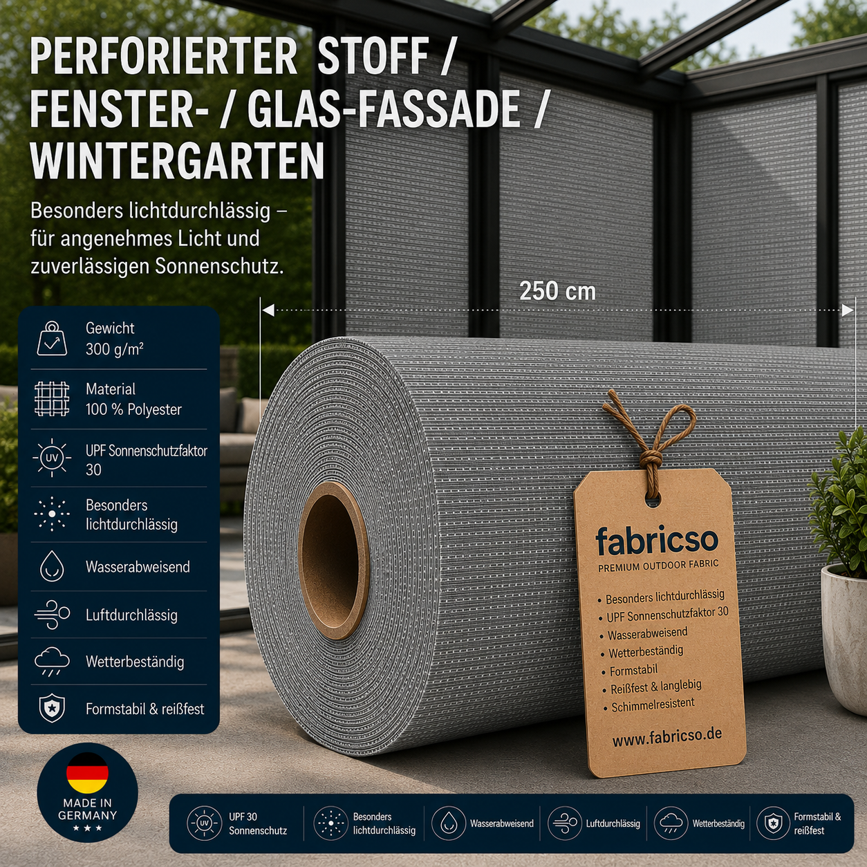 Transolair 339 Sonnenschutzgewebe – lichtdurchlässiger Stoff für vertikale Markisen & Seitenmarkisen 120cm breit fabricso