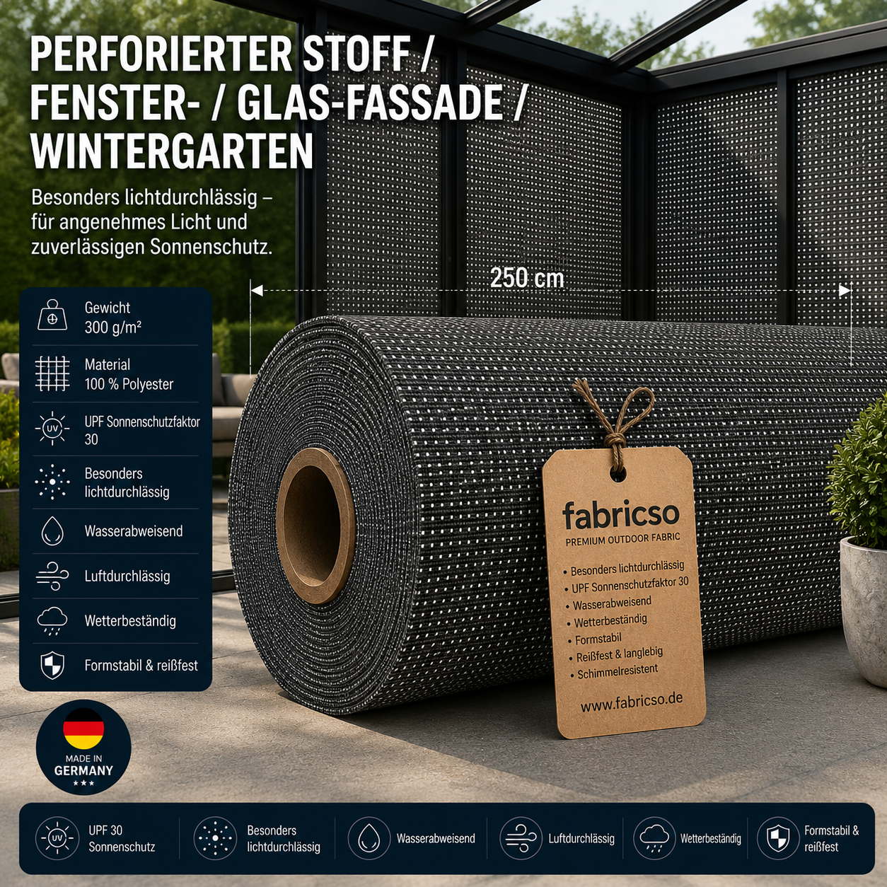 Transolair 339 Sonnenschutzgewebe – lichtdurchlässiger Stoff für vertikale Markisen & Seitenmarkisen 120cm breit fabricso