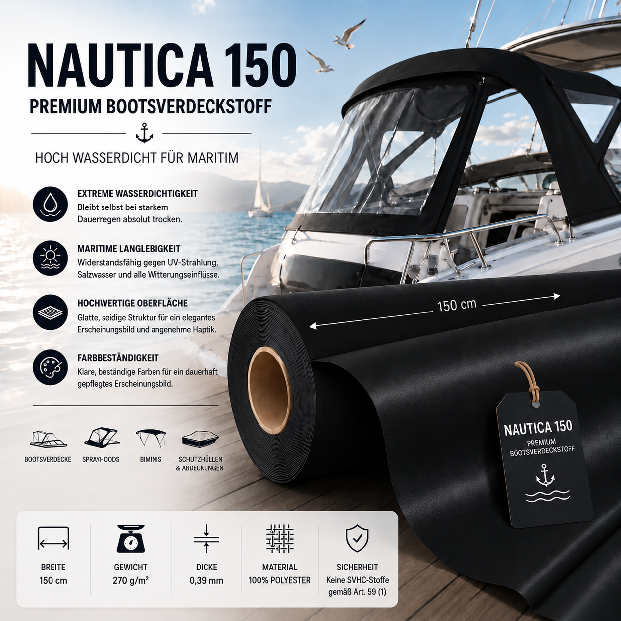 Fabricso Nautica 150 Bootsverdeckstoff – Hoch wasserdicht & Maritim-optimiert fabricso