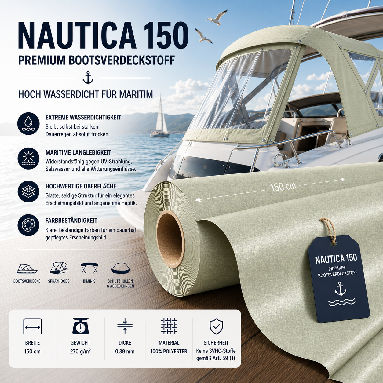 Fabricso Nautica 150 Bootsverdeckstoff – Hoch wasserdicht & Maritim-optimiert fabricso