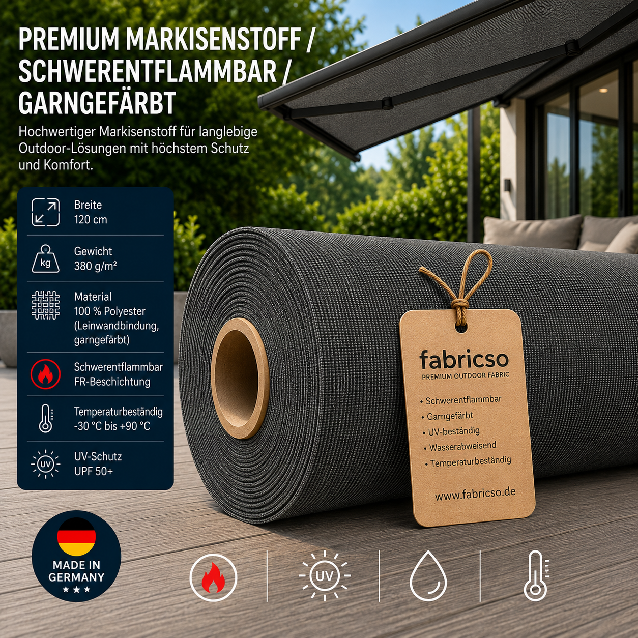 Swela Elegance Perla FR 372 – Premium Markisenstoff | Schwer entflammbar & Garngefärbt fabricso