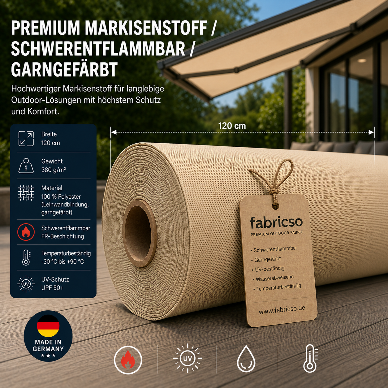 Swela Elegance Perla FR 372 – Premium Markisenstoff | Schwer entflammbar & Garngefärbt