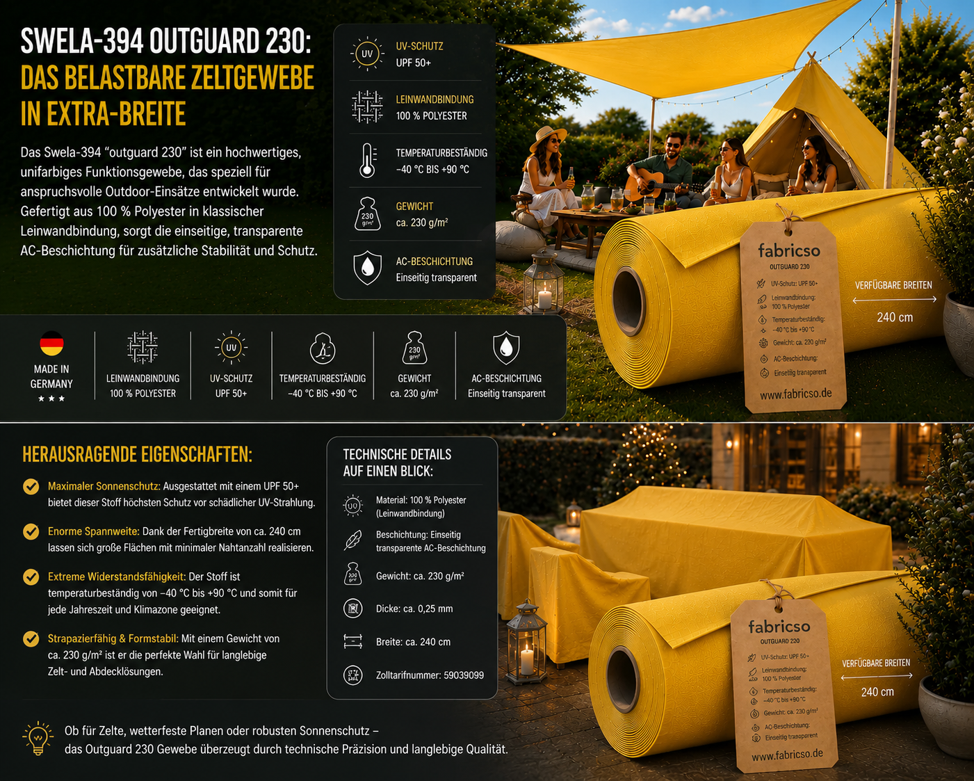 Swela 394 Outguard 230 – Robustes Zeltgewebe mit UPF 50+ | 240cm Extra Breit fabricso