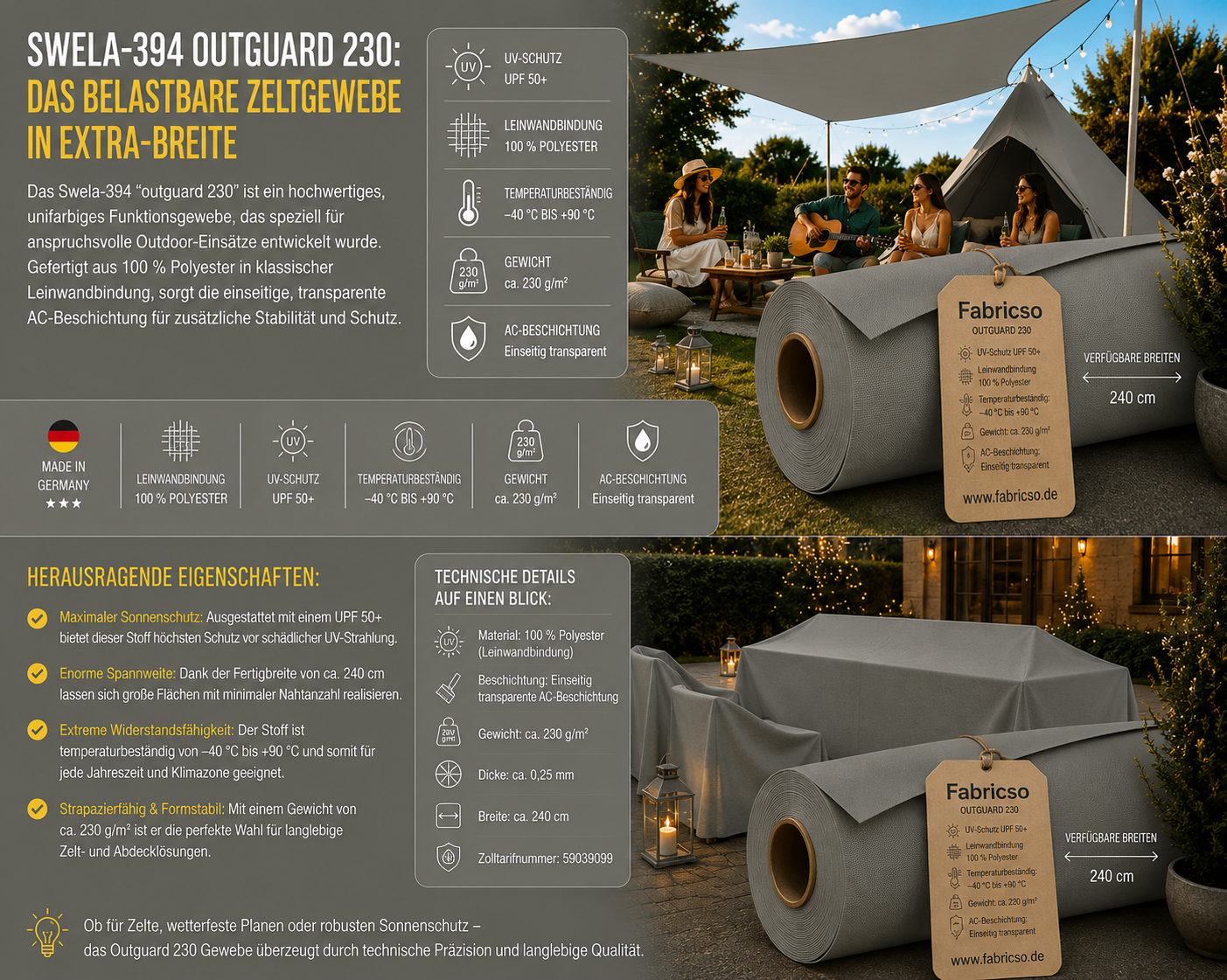 Swela 394 Outguard 230 – Robustes Zeltgewebe mit UPF 50+ | 240cm Extra Breit fabricso