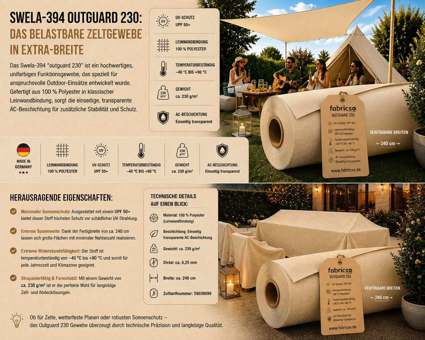 Swela 394 Outguard 230 – Robustes Zeltgewebe mit UPF 50+ | 240cm Extra Breit fabricso