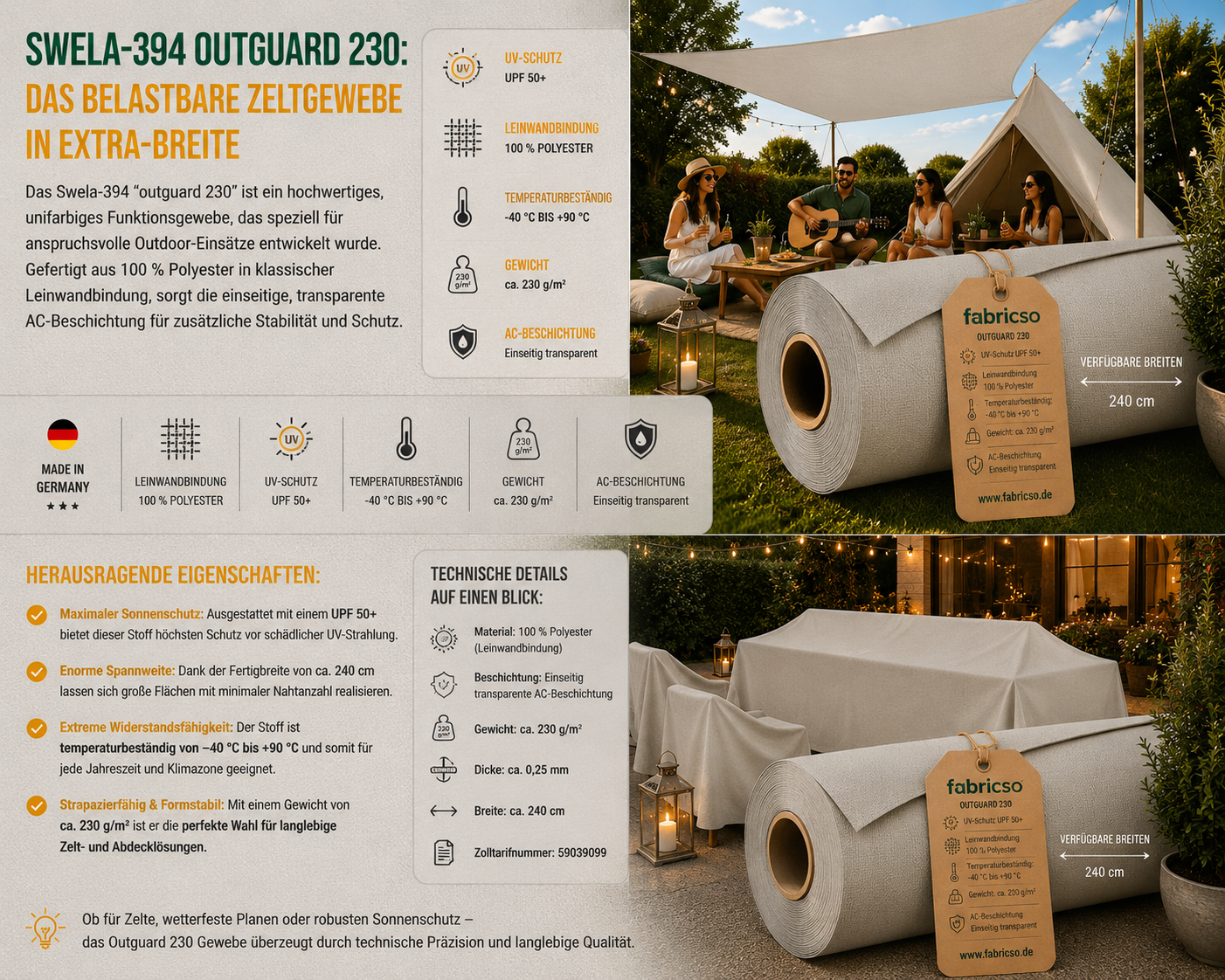 Swela 394 Outguard 230 – Robustes Zeltgewebe mit UPF 50+ | 240cm Extra Breit fabricso
