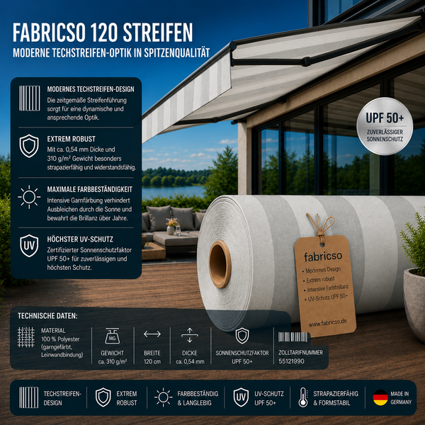 Fabricso 120 Streifen – Markisenstoff mit Techstreifen | UPF 50+ & Extra Robust fabricso